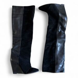 Donald J Pliner Black Suede & Leather Wedge Knee-High Boots Fall Holiday Size 5